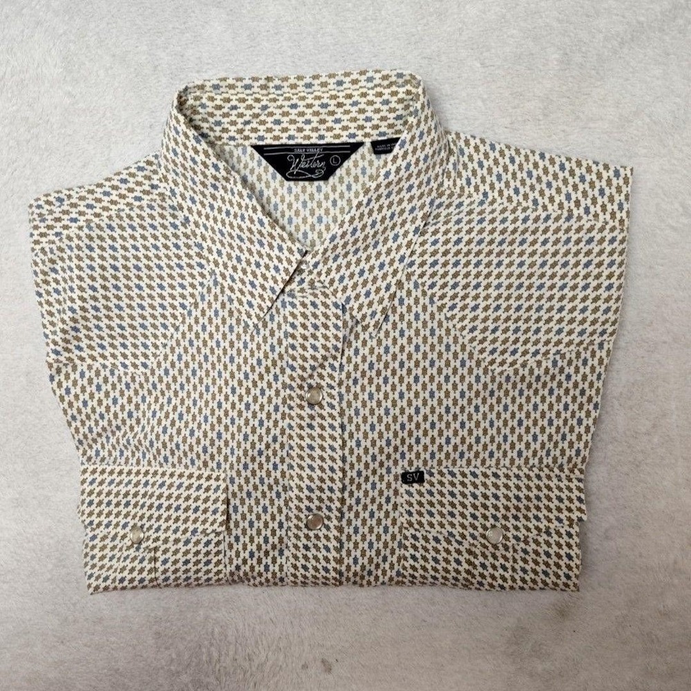 Salt Valley Shirt Men L White Geometric Western Button-Up Pearl Snap Pocket SPOT